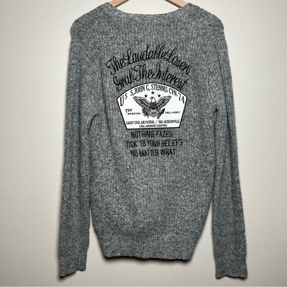 Stoogie & Co Men Cardigan Sweater Large Gray Button Front Japanese Wool Spellout - Picture 11 of 12